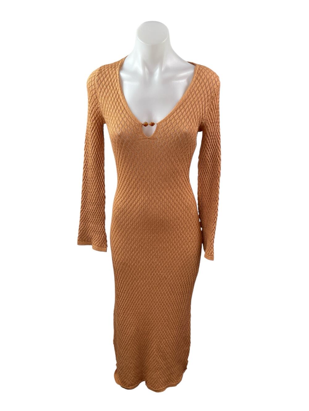 Pretty Lavish Gold Hardware Crochet Knit V Neck Maxi Bodycon Sweater Dress Sz S